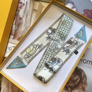 Luxury Style Carriage Rider Print Silky Skinny Purse Scarf Light Blue